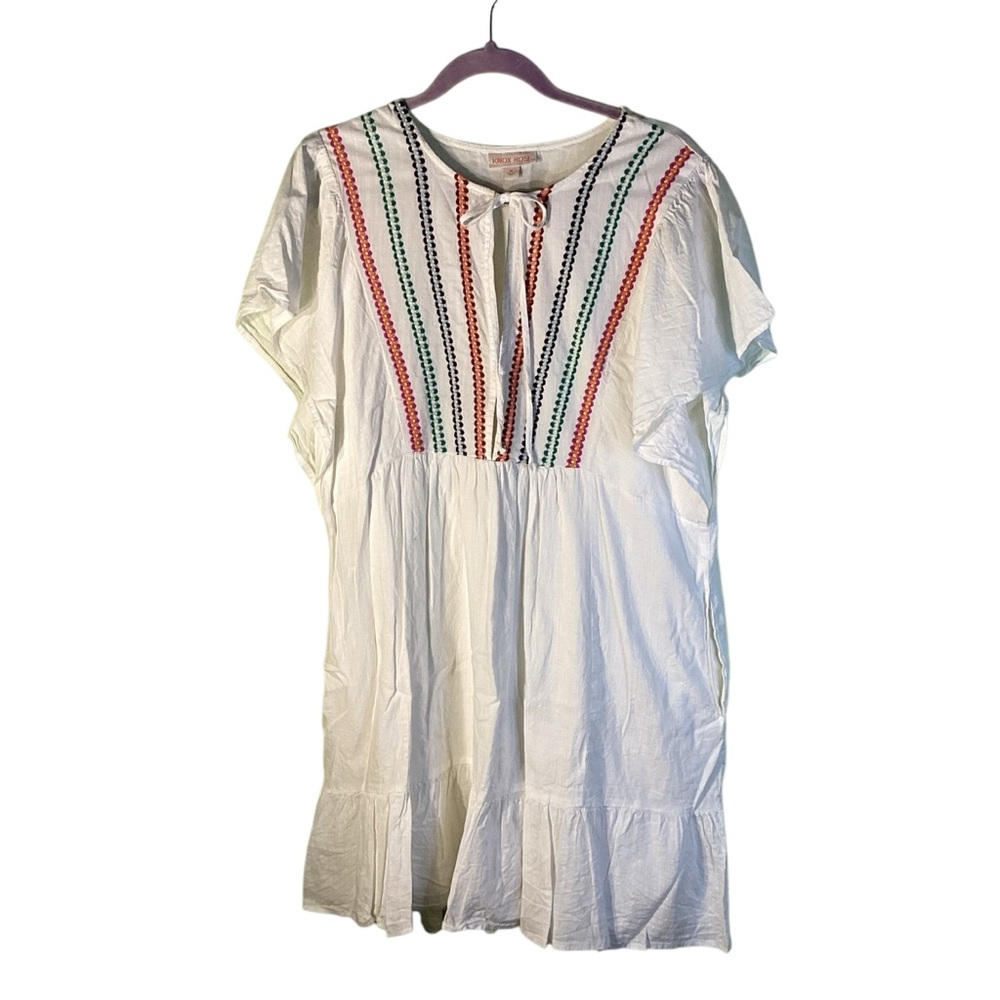 Knox Rose White with Colorful Embroidery Short Sleeve Babydoll Dress‎ Size XL